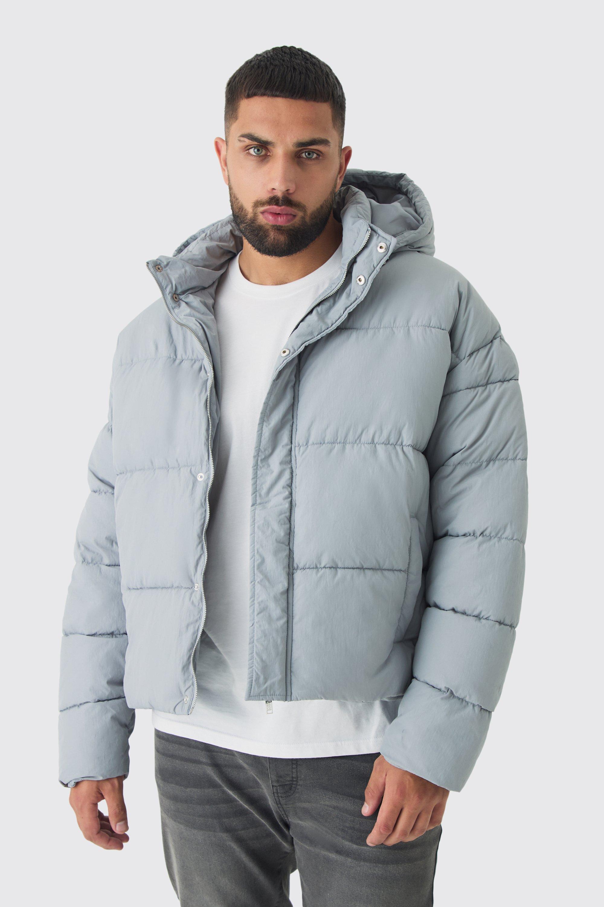 Mens Plus Boxy Crinkle Nylon Puffer Jacket In Light Grey, Grey